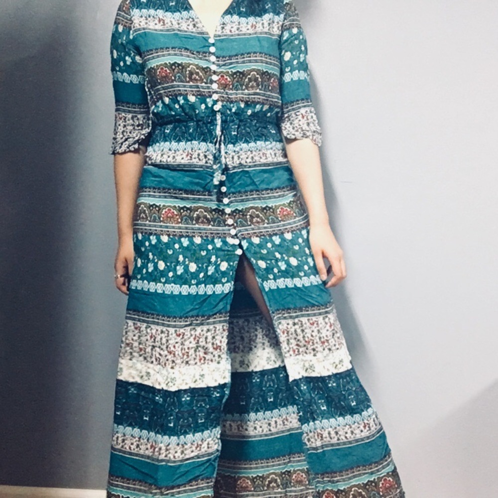 Bohemian Floral Maxi Split Dress Kimono Cardigan